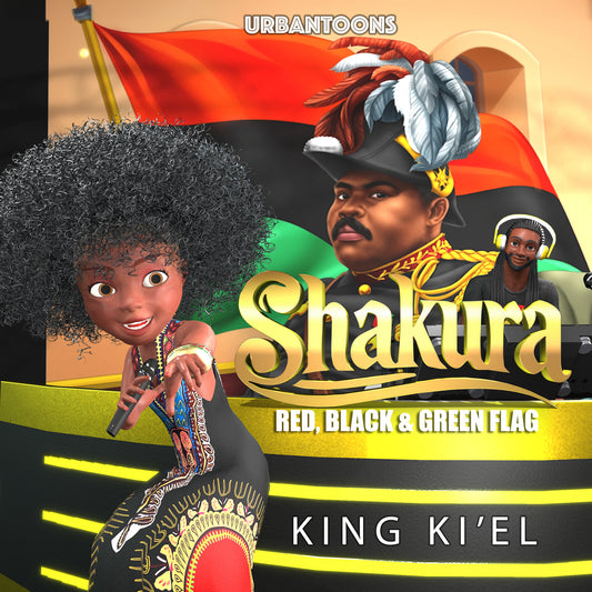 Shakura character from Urbantoons with Marcus Garvey and red, black, and green Pan-African flag – diverse children’s book cover
