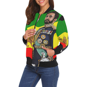 Haile Selassie I Ladies Bomber All Over Print Bomber Jacket for Women (Model H19) - UrbanToons Inc.